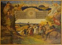 Lovčice, sál hostince U Horáčků, detail opony dle Liebschera, a.malíř Knížek z Nového Bydžova, Kde domov můj, 192x